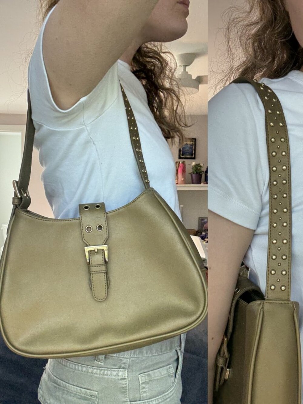 Vintage Olive Green Studded Shoulder Bag